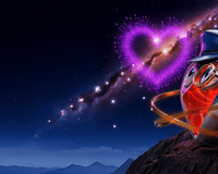 Óris, Toktoking Store's emotional AI curator, depicted in a 3D Pixar-style scene on a mountain peak looking at a heart-shaped galaxy, representing meaningful connections and the magic of gifting.