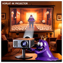 Horlat 4K projector home theater movie night with purple pink and blue amoeba characters watching on giant screen
