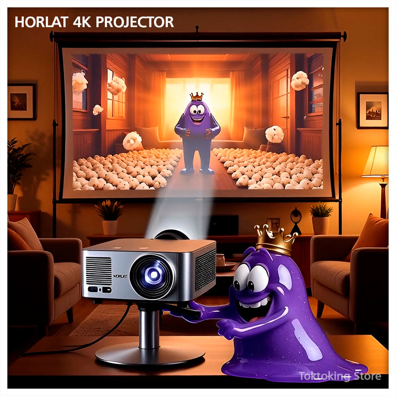 Horlat 4K projector home theater movie night with purple pink and blue amoeba characters watching on giant screen
