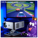 Horlat WiFi 6 Android projector kids room with baby pink lilac and lime green amoeba characters watching cartoons
