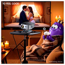 Horlat projector gaming setup with purple red and cyan amoeba characters playing video games with RGB lighting
