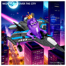 King Amoeba Mutant flying green RC plane over futuristic neon city at night - cyberpunk kids toy adventure