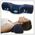 Ergonomic cervical pillow showing therapeutic contour zones for side and back sleepers with neck pain relief