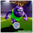 Glimbo King purple mascot dribbling reflective glow soccer ball on stadium field at night under bright floodlights