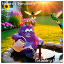 Grateful birds kissing Amoeba King mascot beside solar bird bath fountain in enchanted garden - eco-friendly water source