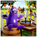 Amoeba King mascot in rustic farm backyard with diverse birds gathering around solar-powered bird bath fountain