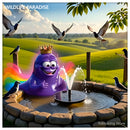 Amoeba King mascot presenting solar fountain on farm with flock of birds celebrating around water feature