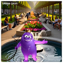 Amoeba King mascot dancing in urban public park with birds playing in eco-friendly solar fountain