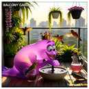 Amoeba King mascot on modern apartment balcony with vertical garden and hummingbirds drinking from solar fountain