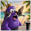 Grateful birds kissing Amoeba King mascot beside solar bird bath fountain in enchanted garden - eco-friendly water source