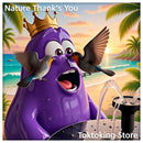 Grateful birds kissing Amoeba King mascot beside solar bird bath fountain in enchanted garden - eco-friendly water source