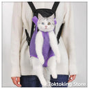 Purple grid cat carrier backpack on city street with Glimbo and Glimby mascots - urban adventure