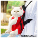 Red grid cat carrier backpack on city street with Glimbo and Glimby mascots - urban adventure