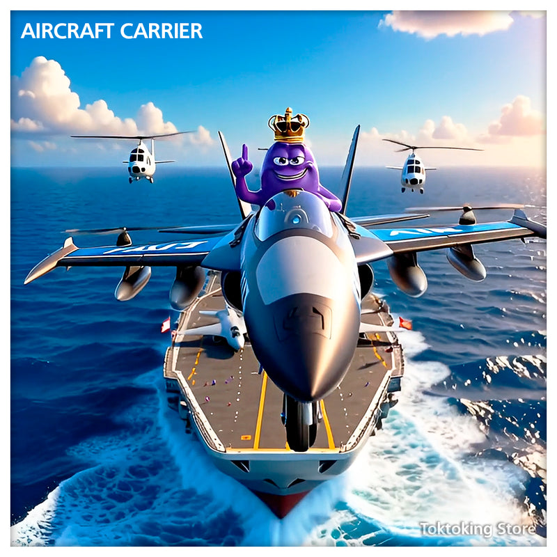 King Amoeba Mutant taking off blue RC plane from aircraft carrier deck - military style kids drone toy