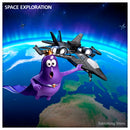 King Amoeba Mutant astronaut with green RC fighter plane in Earth orbit - space exploration toy adventure