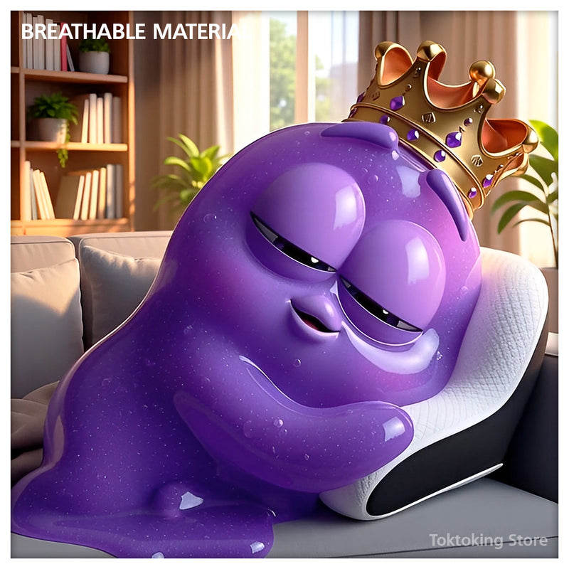 Toktoking Amoeba mascot relaxing on orthopedic butterfly neck pillow on cozy sofa - cervical support lifestyle
