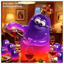 Mutant Amoeba King teaching family wine aeration ritual at cozy dinner table