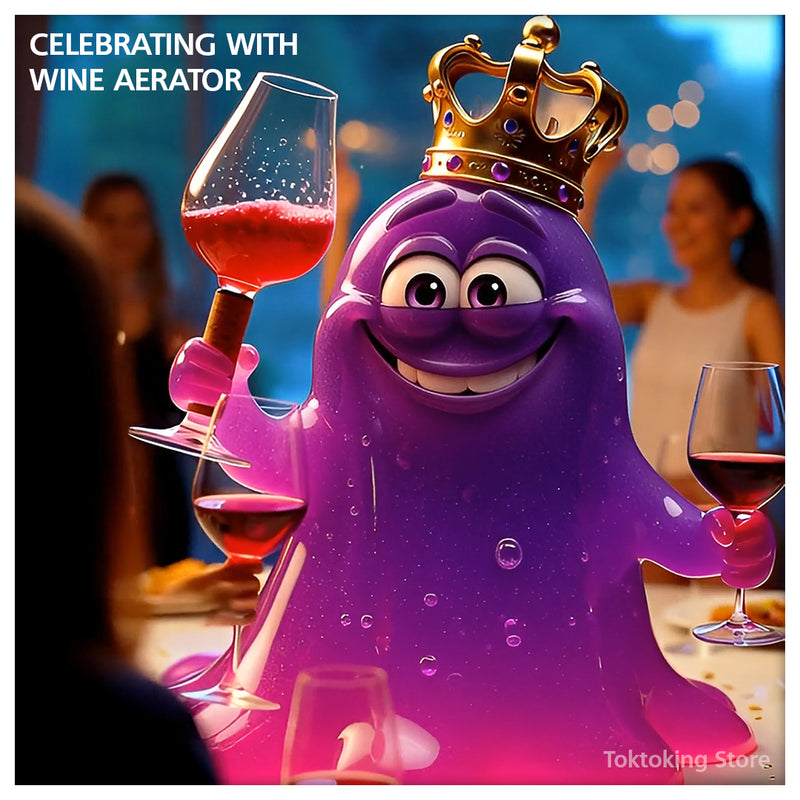 Mutant Amoeba King celebrating with wine aerator at festive dinner party
