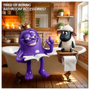 King Amoeba Mutant relaxing with sheep toilet paper holder in rustic cozy bathroom - TKT lifestyle scene