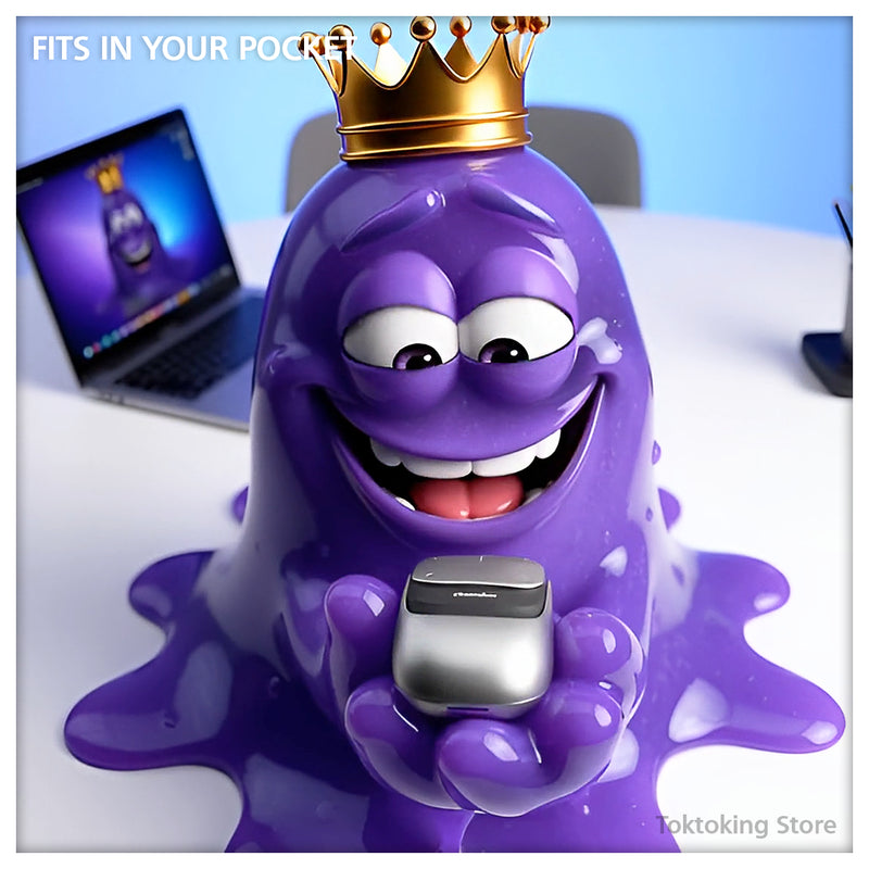 Pixar-style mutant amoeba king holding tiny Cheerdots 2 AI mouse showing ultra-portable pocket size design