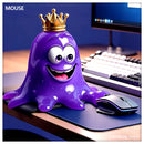 Amoeba mascot pointing at silent wireless mouse with RGB backlight