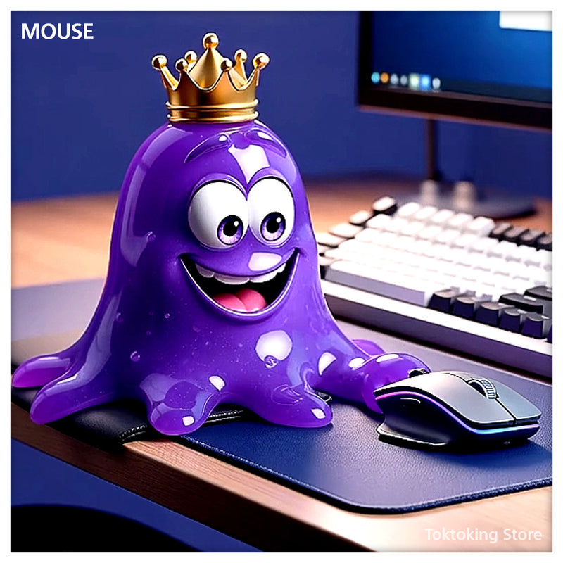 Amoeba mascot pointing at silent wireless mouse with RGB backlight