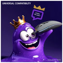 Amoeba mascot peeking behind wireless mouse waving at viewer