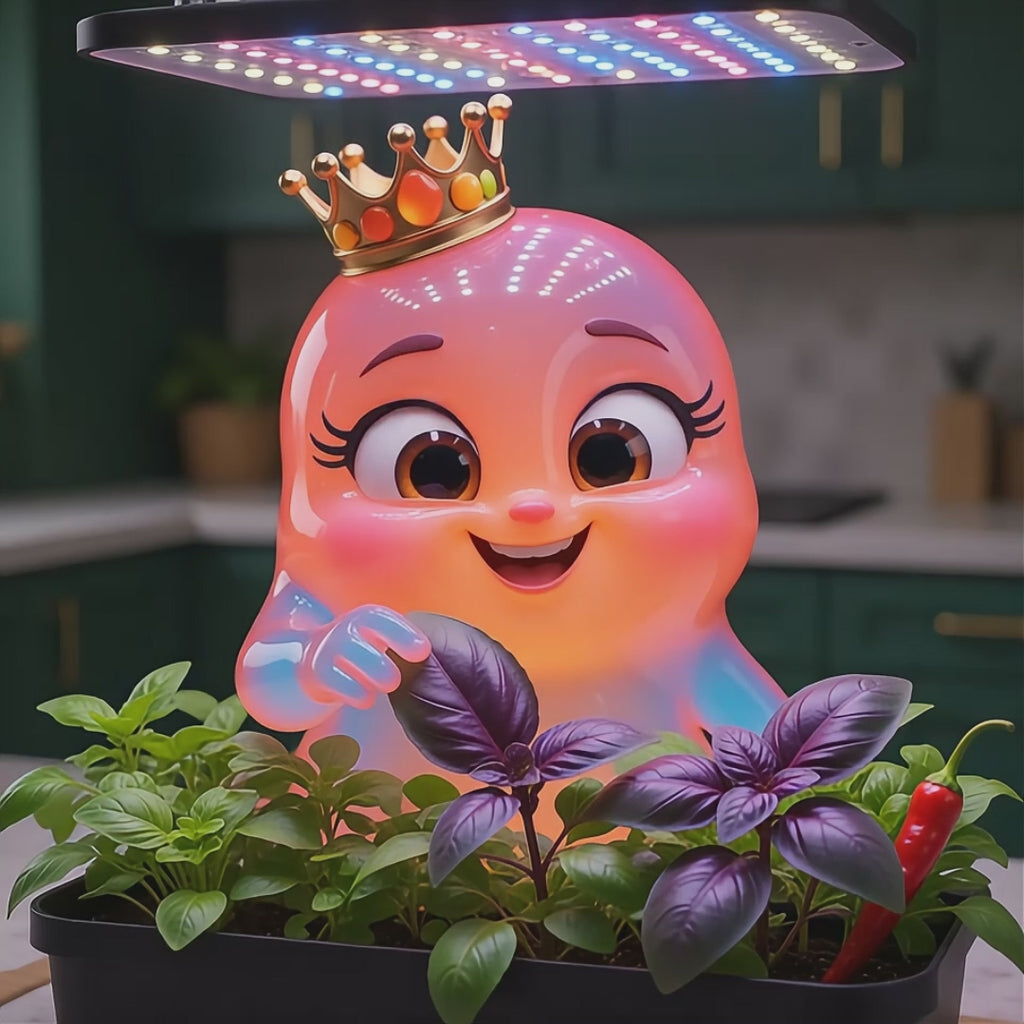 Glimsy Princess and Glimba Queen's Secret Garden – 12-Pod Smart Hydroponics system in action, growing fresh herbs indoors with LED grow light and automatic timer