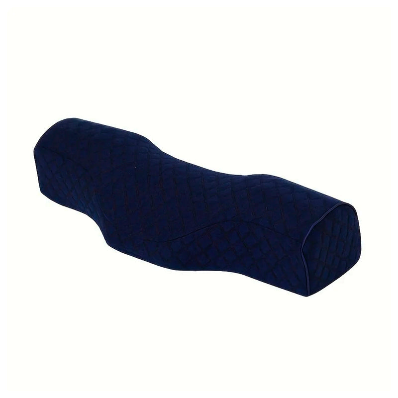 Blue cervical neck relief pillow in use — therapeutic memory foam support for spinal alignment